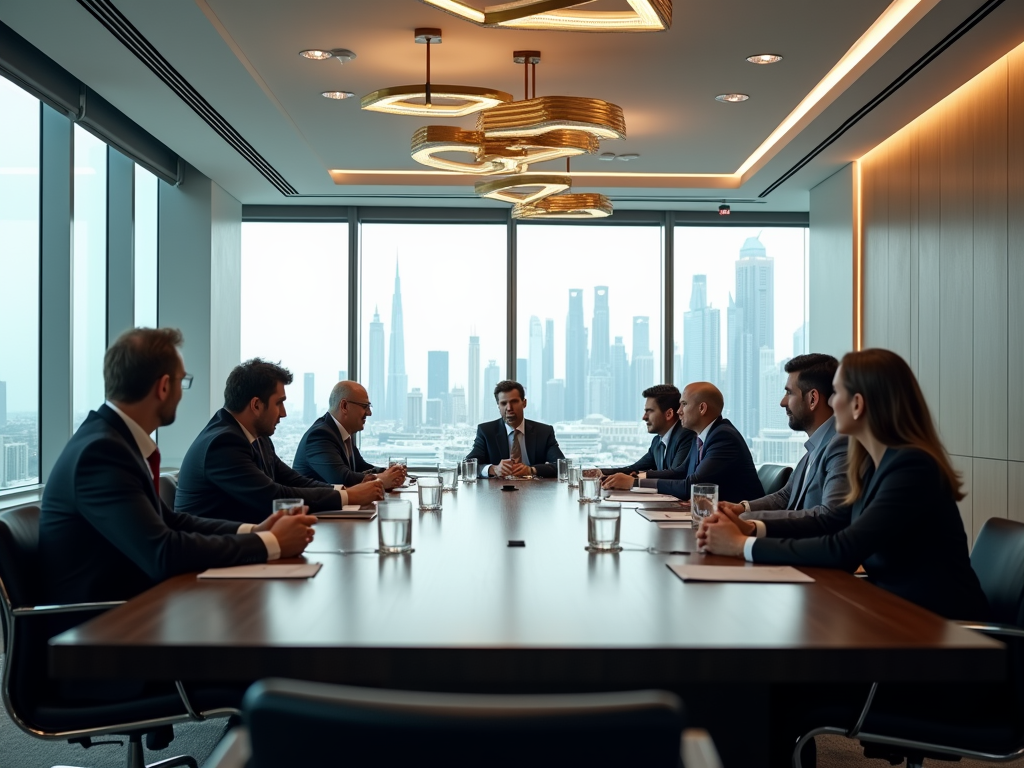 Business professionals in a meeting in a modern office with a city skyline view.