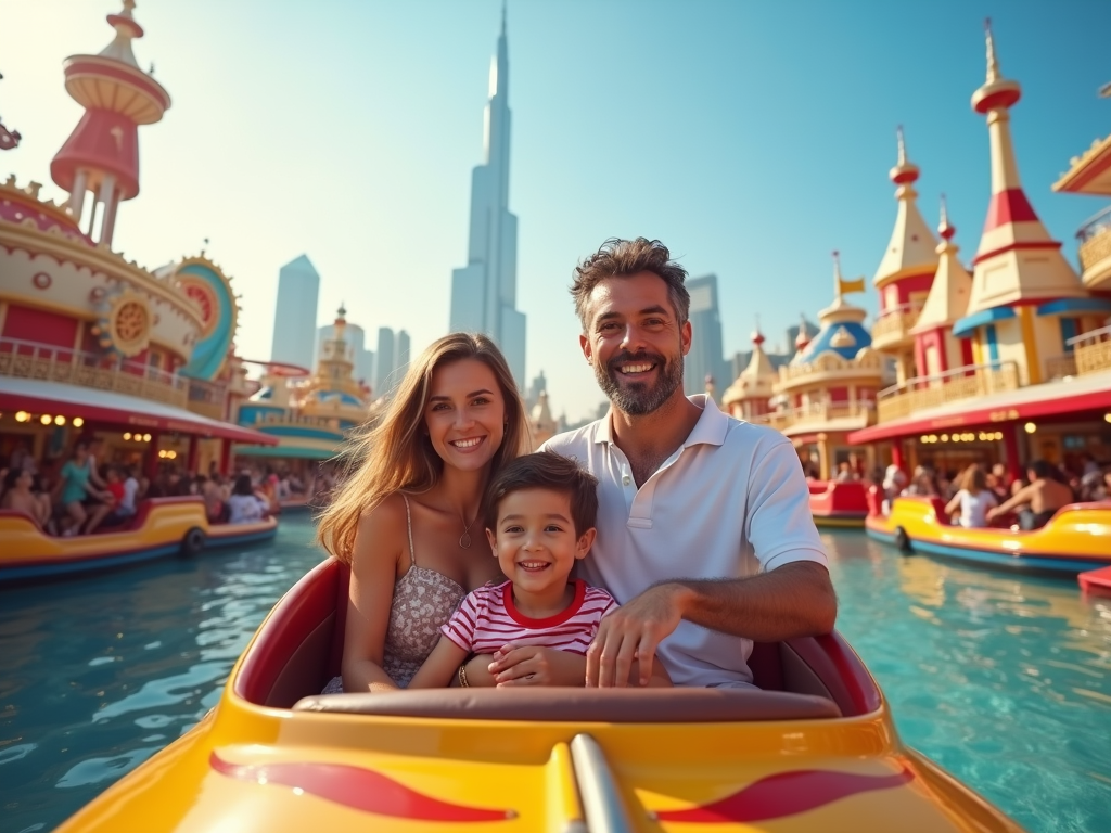 Family enjoys a boat ride at a colorful amusement park with city skyline in the background.