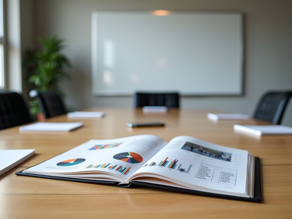 Open business report with charts on a conference table, whiteboard in the background.