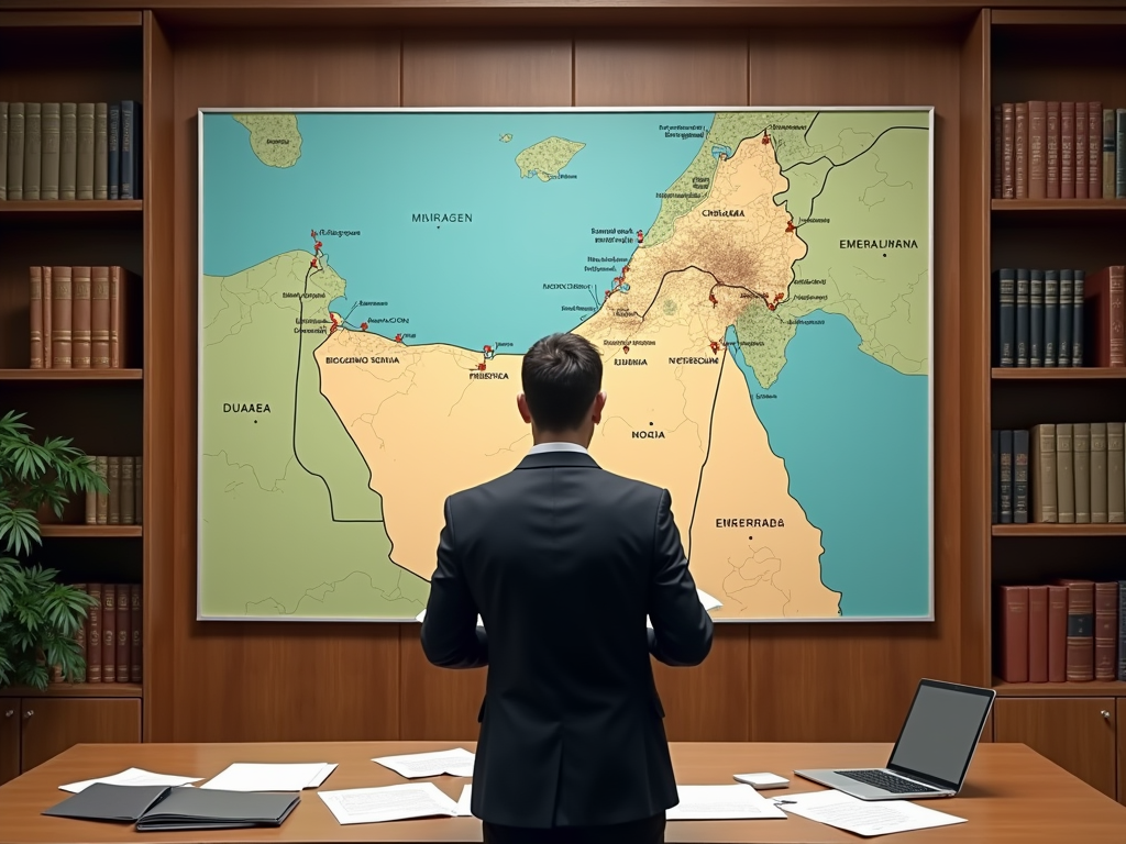 Man in suit studying a large wall map in an office with bookcases and a laptop.