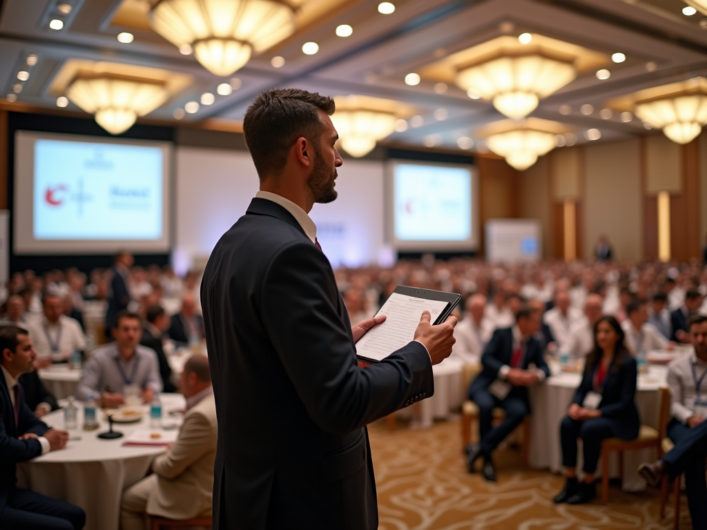 Man presenting at a business conference, focusing on notes on a tablet with audience in background.