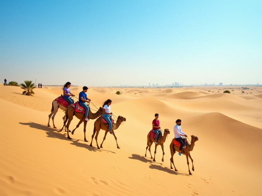 Group of people on camels trekking through a desert with distant city skyline.