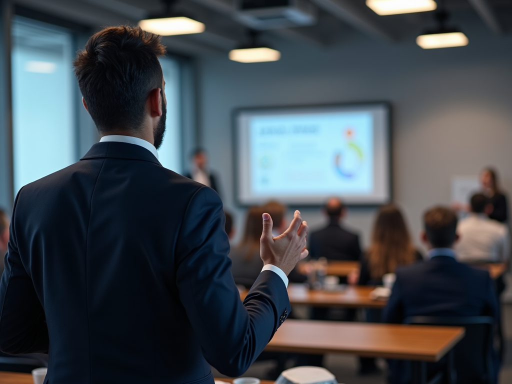 Businessman raising hand to ask a question during a conference presentation.