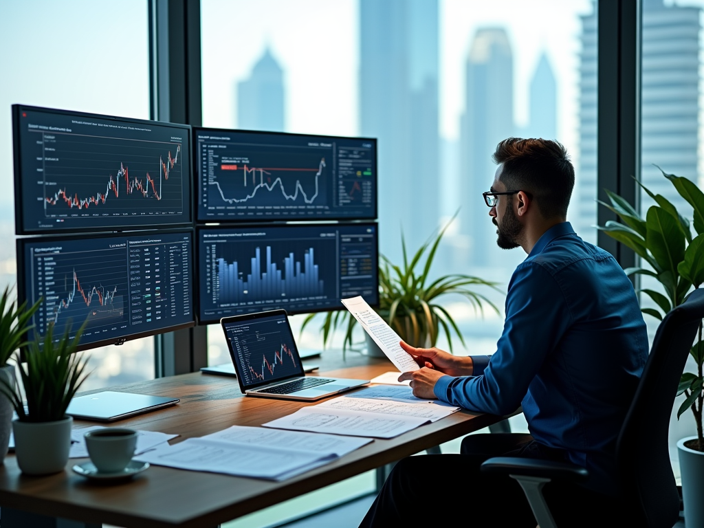 Man in blue shirt analyzing financial data on multiple screens in a high-rise office.