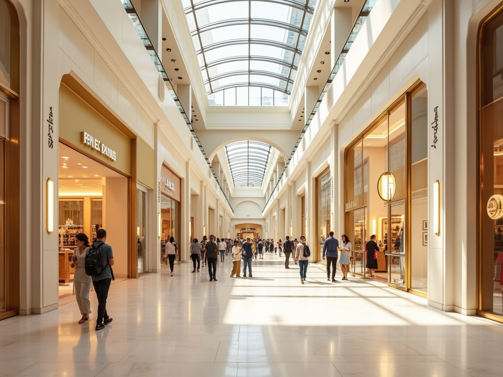 Sunlit upscale shopping mall corridor with shoppers walking past elegant stores, featuring a glass ceiling.