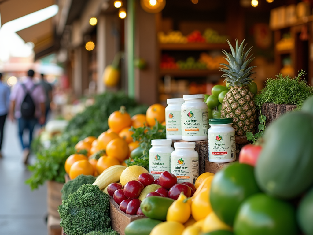 Fresh fruits and supplements displayed at a bustling outdoor market.