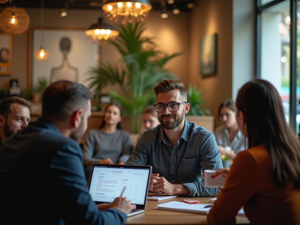 A smiling man in glasses at a business meeting in a cozy cafe with colleagues around him.