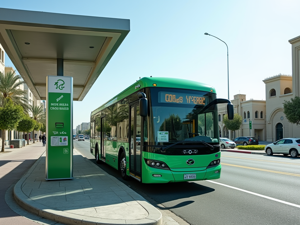 Green bus stopping at a modern bus station with visible signage, in a sunny city street with palm trees.