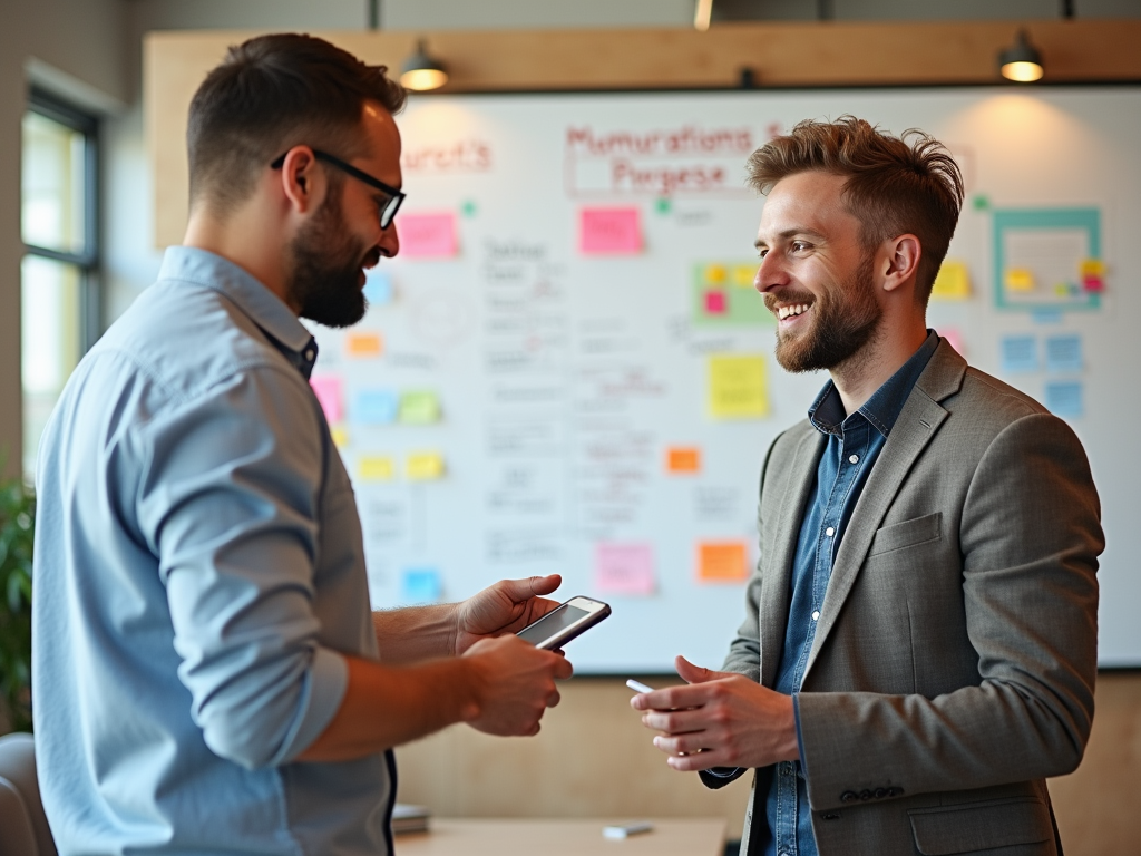 Two men smiling and discussing near a whiteboard covered in colorful sticky notes.