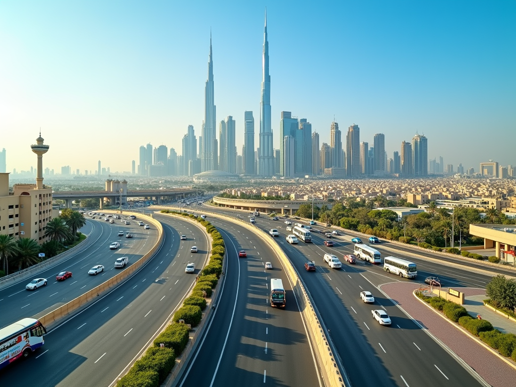 Sunlit view of a busy multi-lane highway leading towards a modern city skyline dominated by tall skyscrapers.