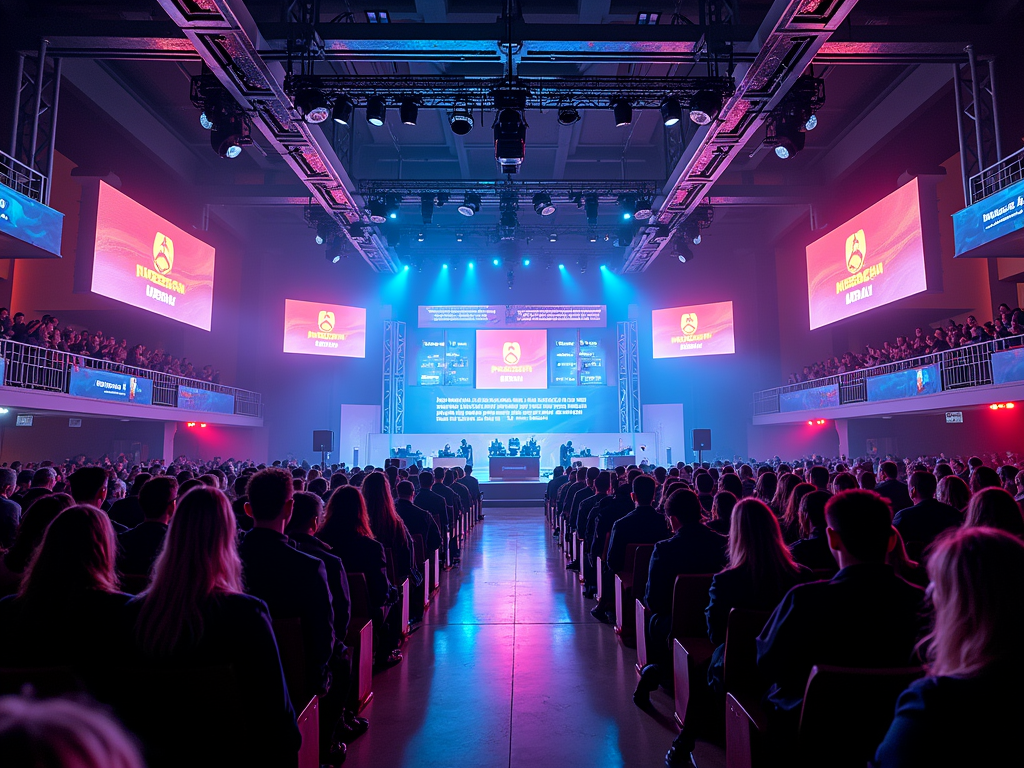 Audience at a business conference focusing on a presentation, displayed on multiple large screens.