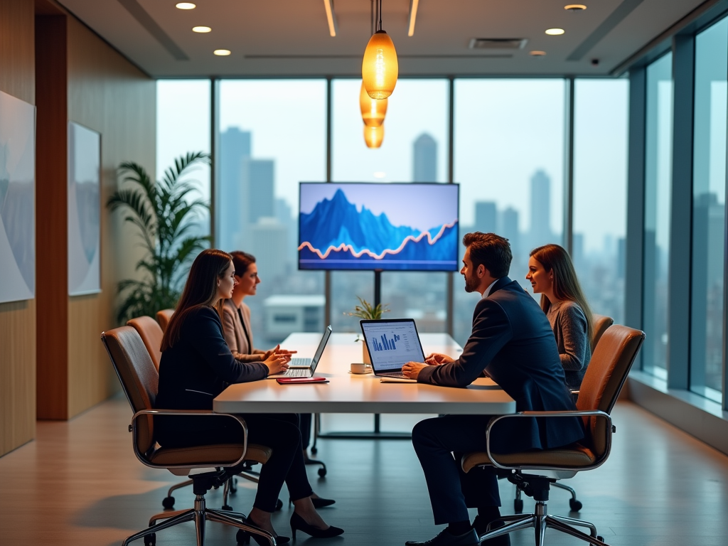 Four business professionals discussing data on laptops in a modern office with cityscape views.