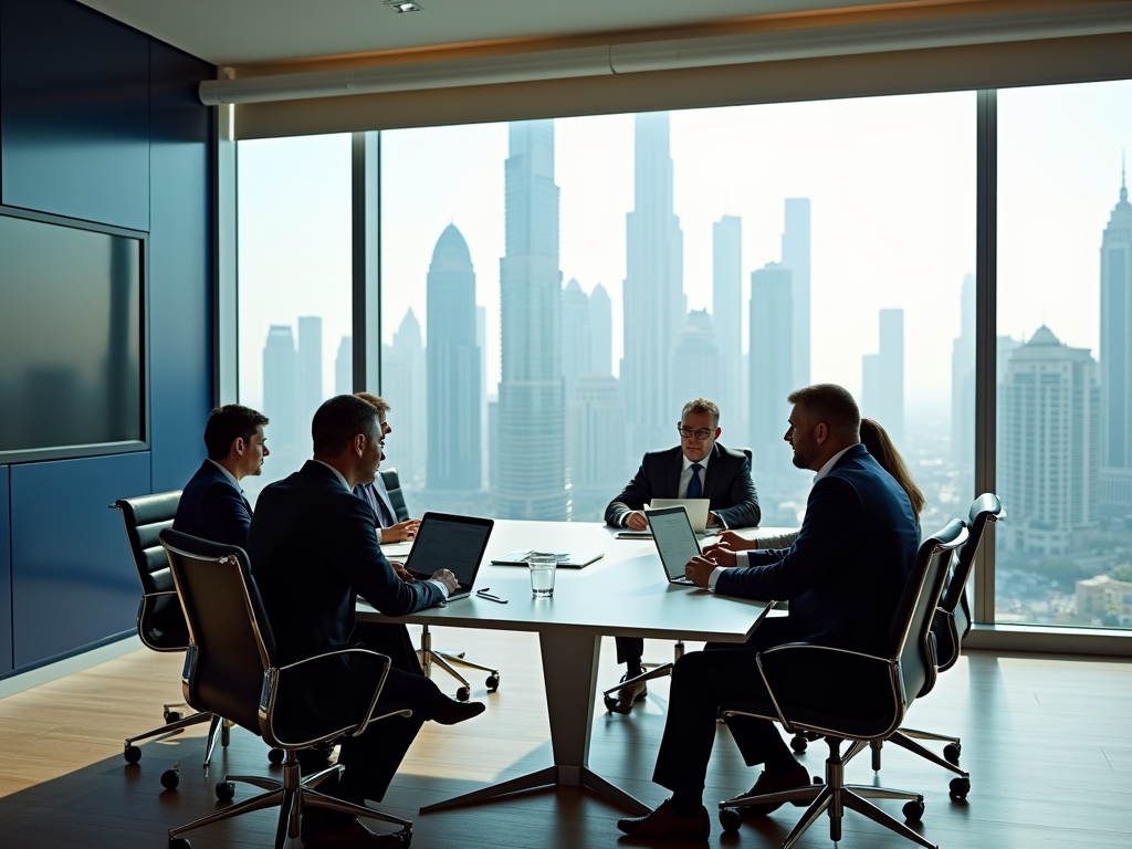 Four businessmen in a meeting in an office with a city skyline in the background.