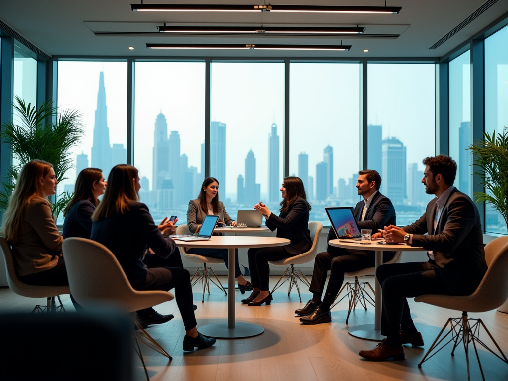 Business professionals discussing in a modern office with a cityscape view through large windows.