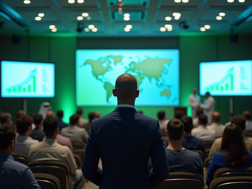 Businessman watching a presentation with graphs and world map on screens in conference room.