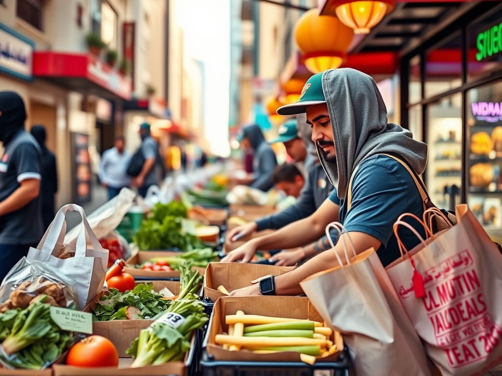 A bustling market scene with vendors arranging fresh vegetables and fruits in paper bags on their stalls.