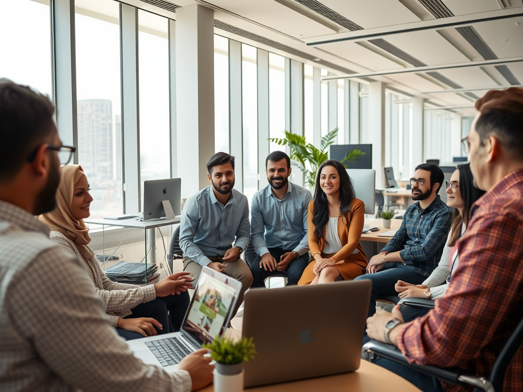 A diverse group of professionals seated around a table, engaging in discussion in a modern office setting.