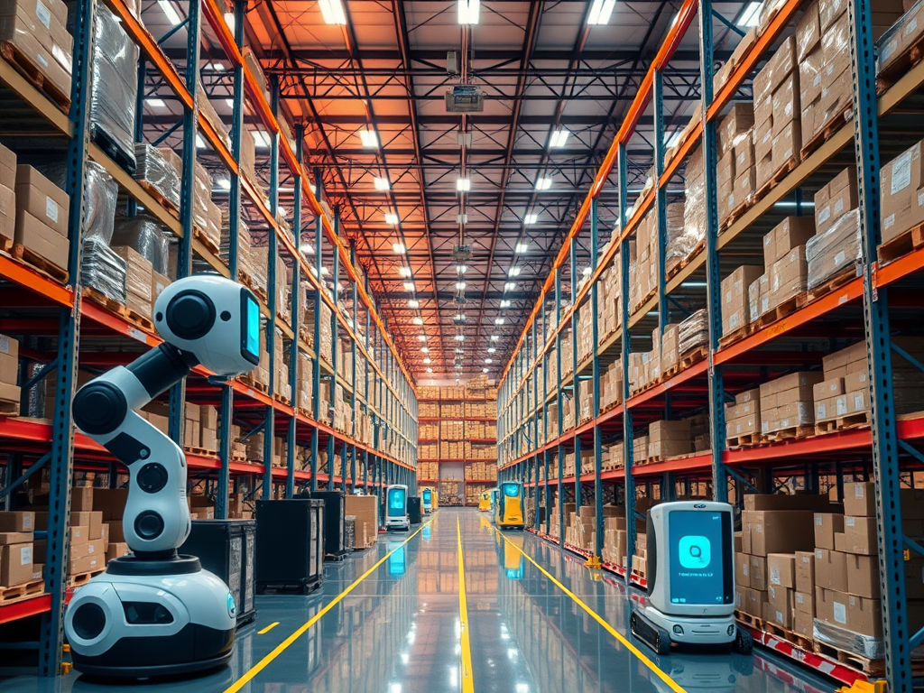 A modern warehouse with robotic arms and automated vehicles navigating among shelves filled with boxes.