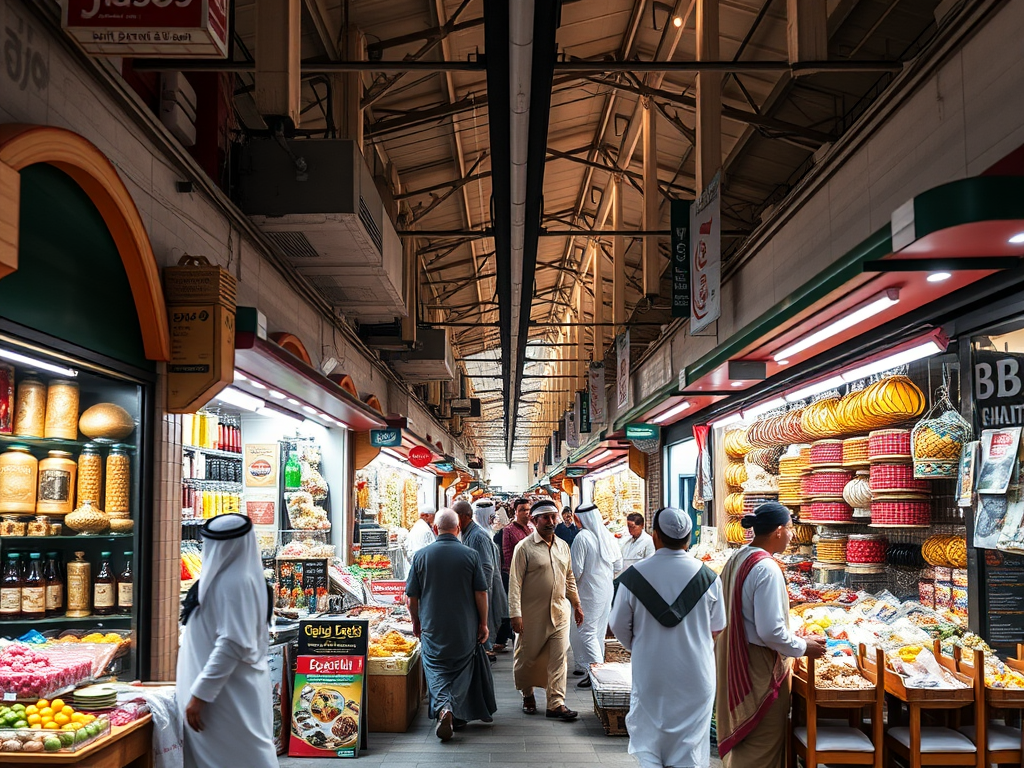 A bustling market filled with colorful stalls displaying spices, snacks, and local products, with people browsing.