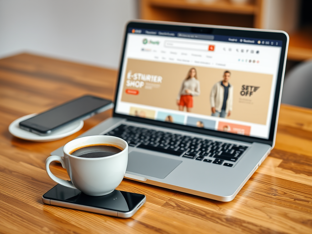 A laptop on a wooden table displaying an online store, with a cup of coffee and a smartphone nearby.