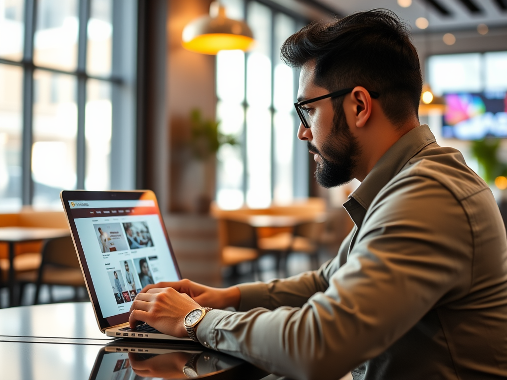 A man works on a laptop in a cafe, focused on the screen with a modern and stylish interior in the background.