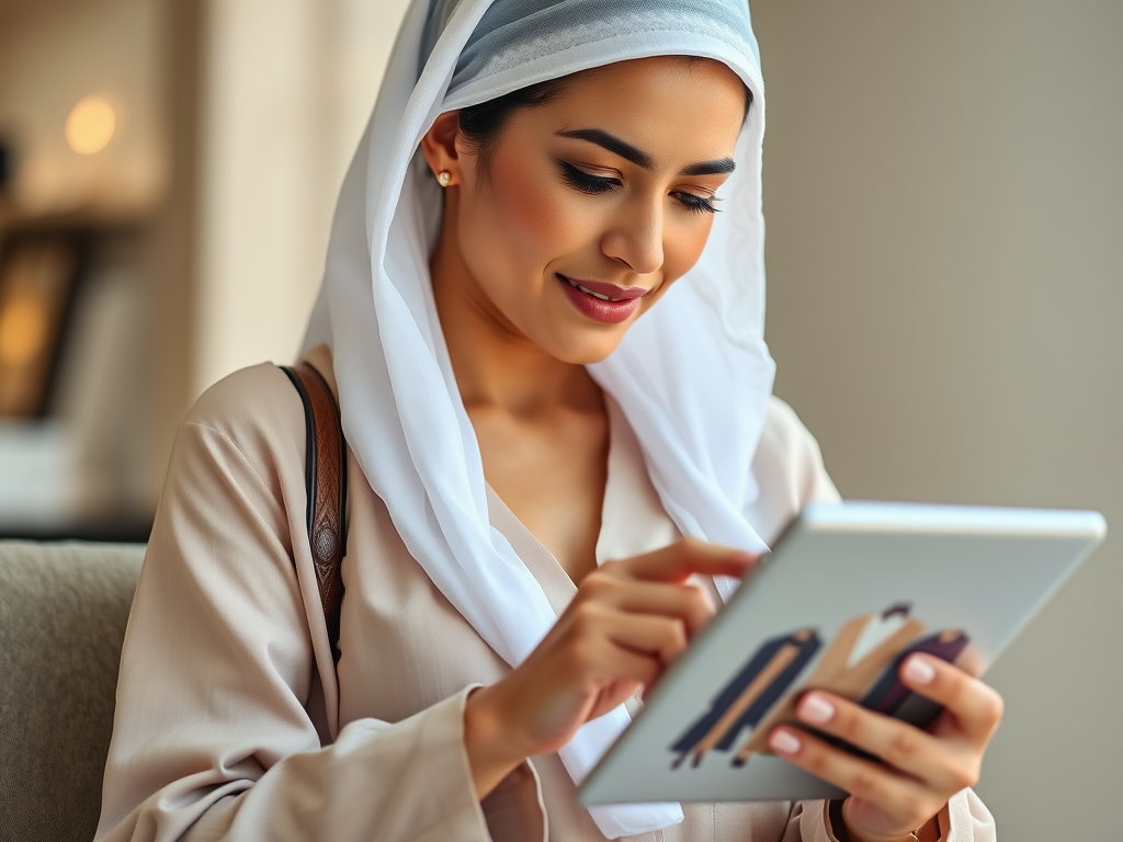 A young woman in a hijab smiles as she uses a tablet while sitting in a cozy indoor setting.