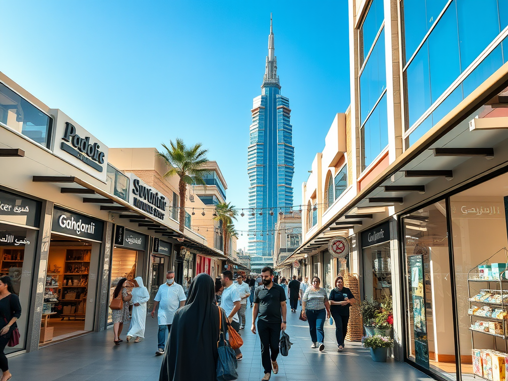 A bustling shopping area with people walking, surrounded by stores and palm trees, with a tall skyscraper in the background.