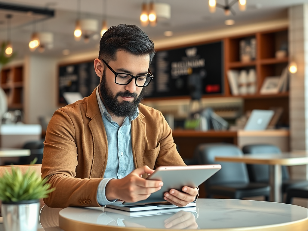 A bearded man in glasses is focused on his tablet while seated at a café, with books and a plant nearby.