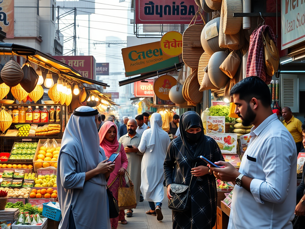 A busy market street featuring vendors, colorful produce, and shoppers in traditional attire using mobile phones.