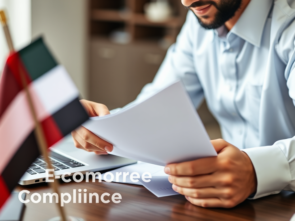 A person in a blue shirt reviews documents with a laptop and flags in the background, focusing on e-commerce compliance.