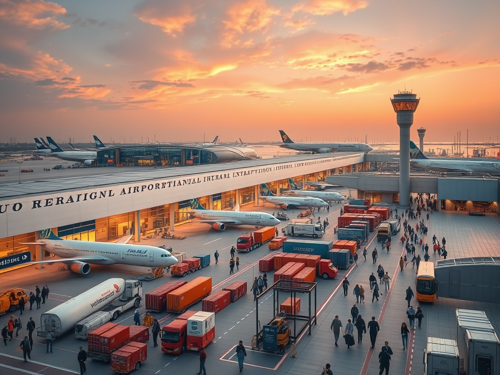 A bustling airport scene at sunset with planes, vehicles, and people moving around the terminal area.