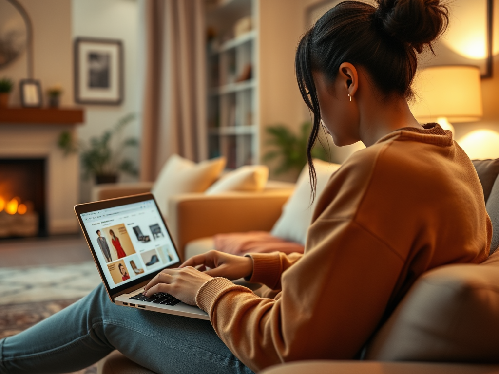 A woman sits on a couch, browsing fashion styles on her laptop in a cozy, warmly lit living room.