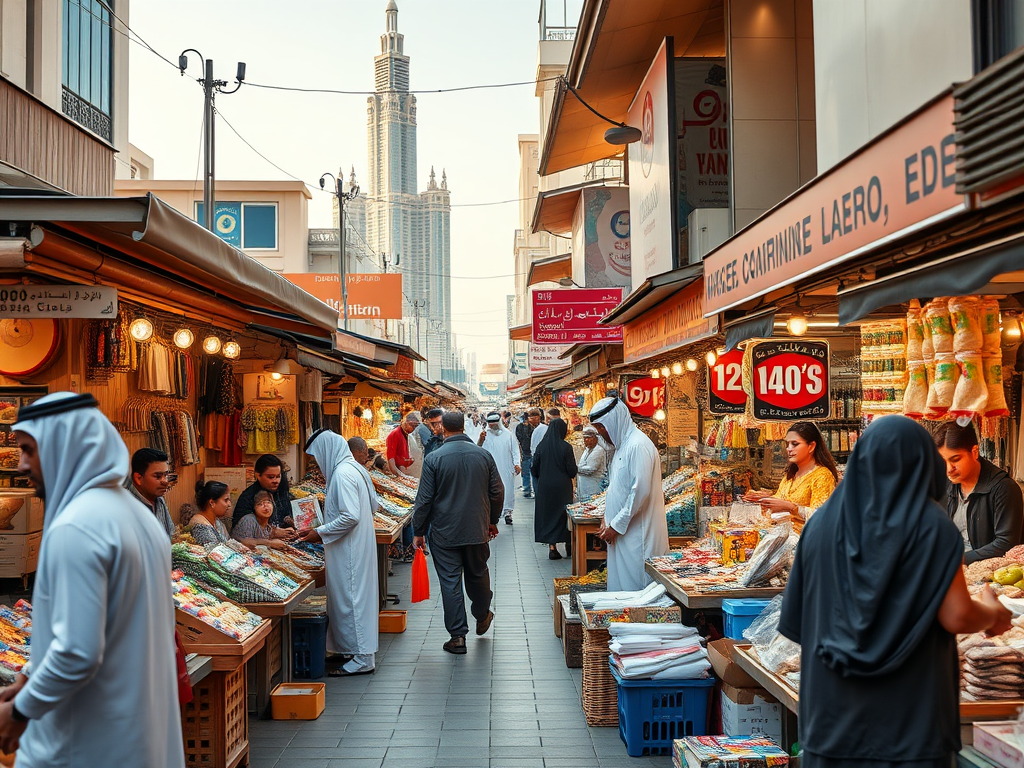 A bustling market scene with vendors selling goods, people browsing, and the Burj Khalifa in the background.