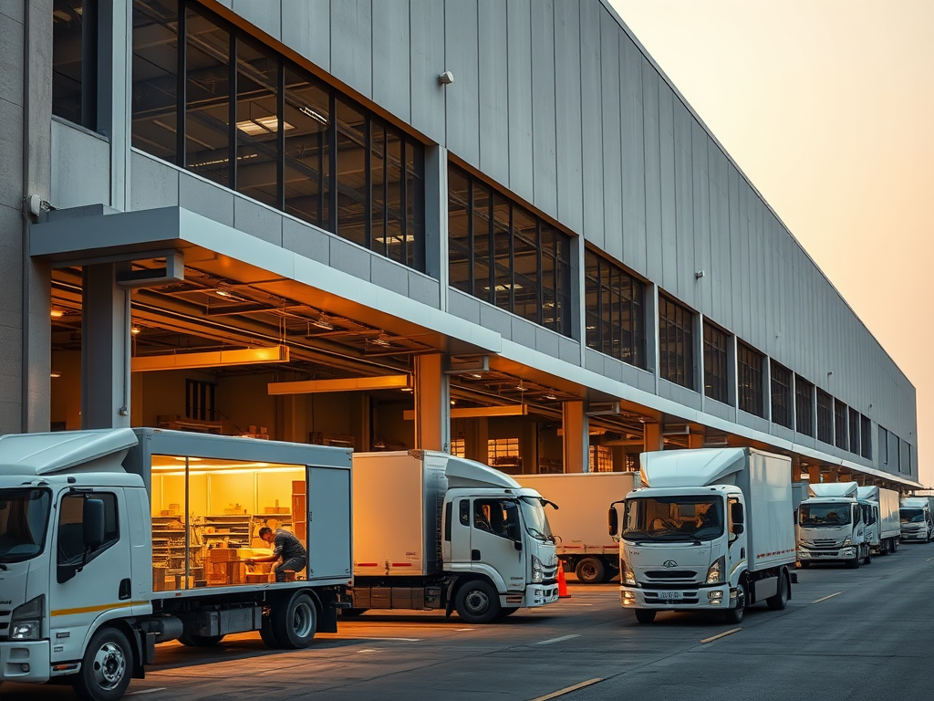 A row of white delivery trucks parked outside a large warehouse with illuminated windows during dusk.