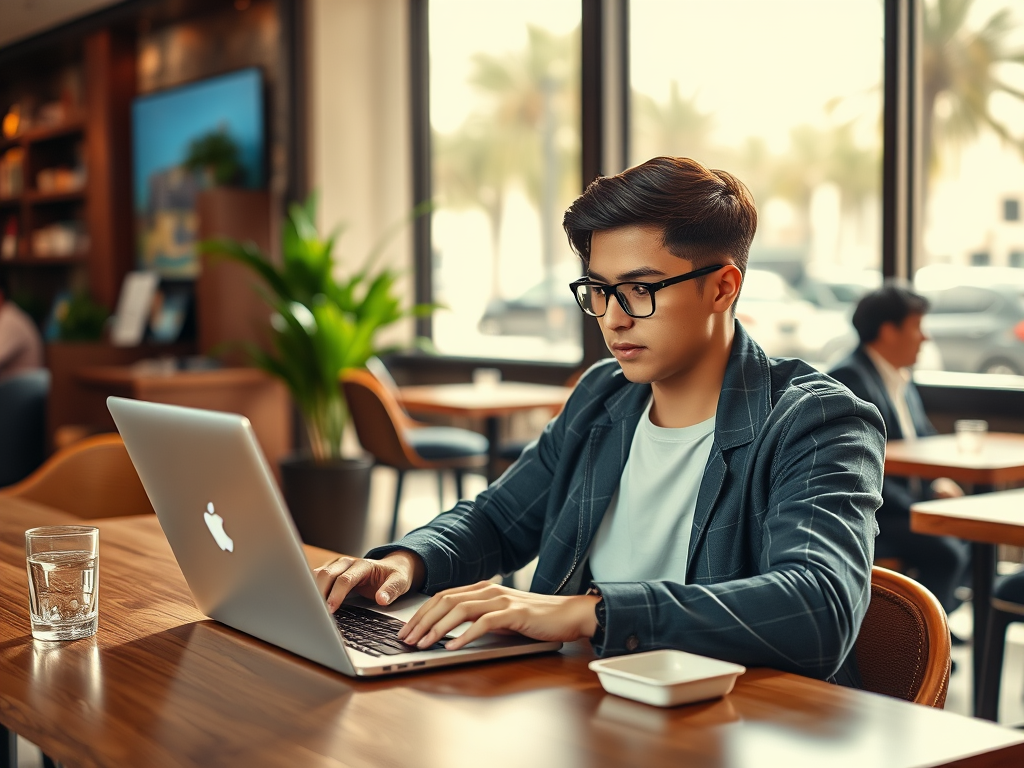 A young man in glasses works on a laptop at a café, with plants and other customers in the background.